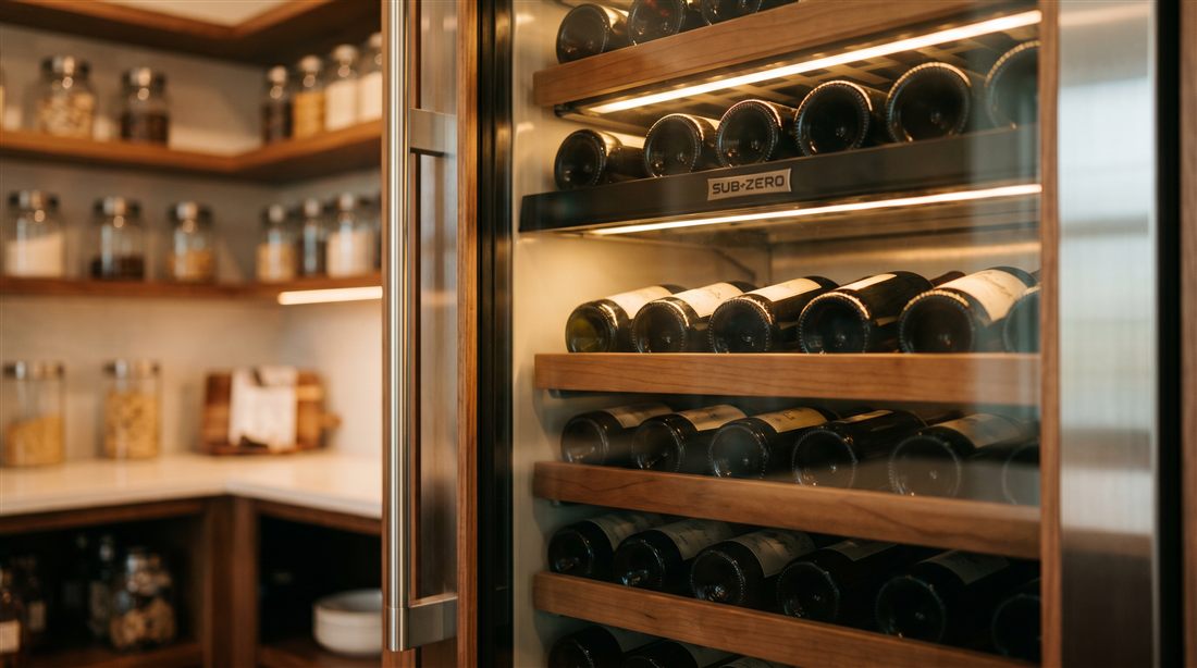 Sub-Zero wine racks behind glass