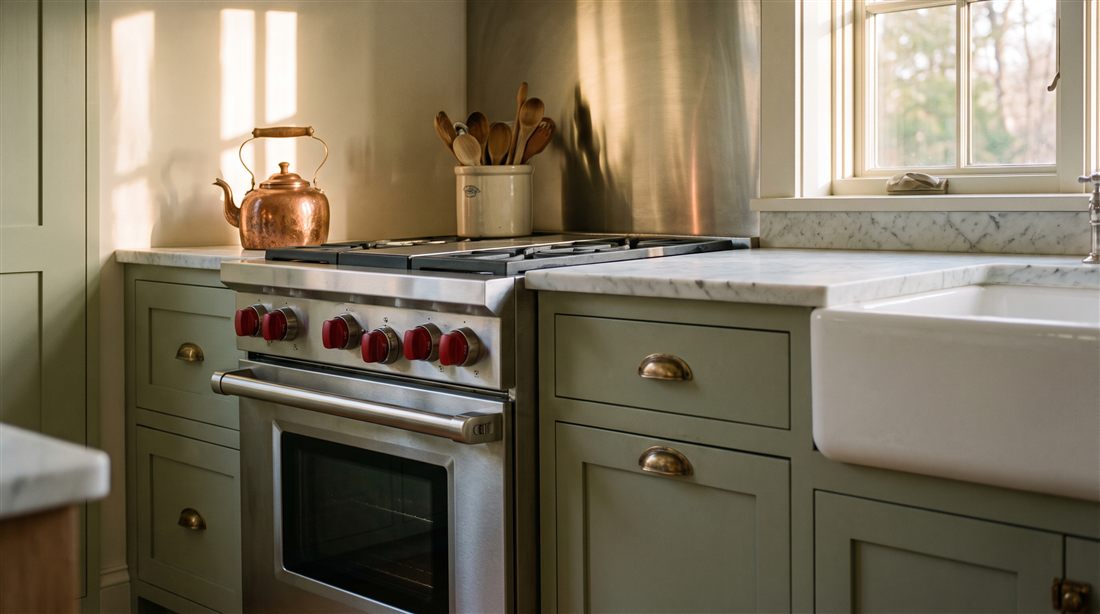 Wolf range in a sage green kitchen
