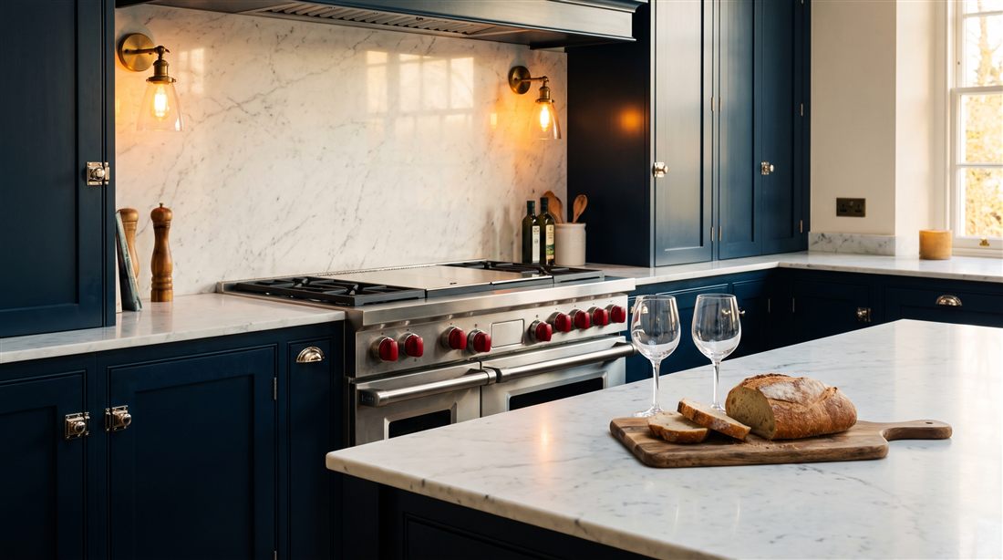 Wolf range with navy cabinetry